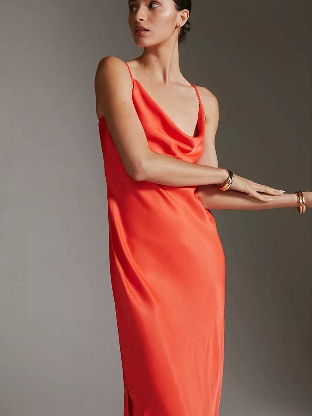Anthropologie Coral Satin Cowl Midi Dress